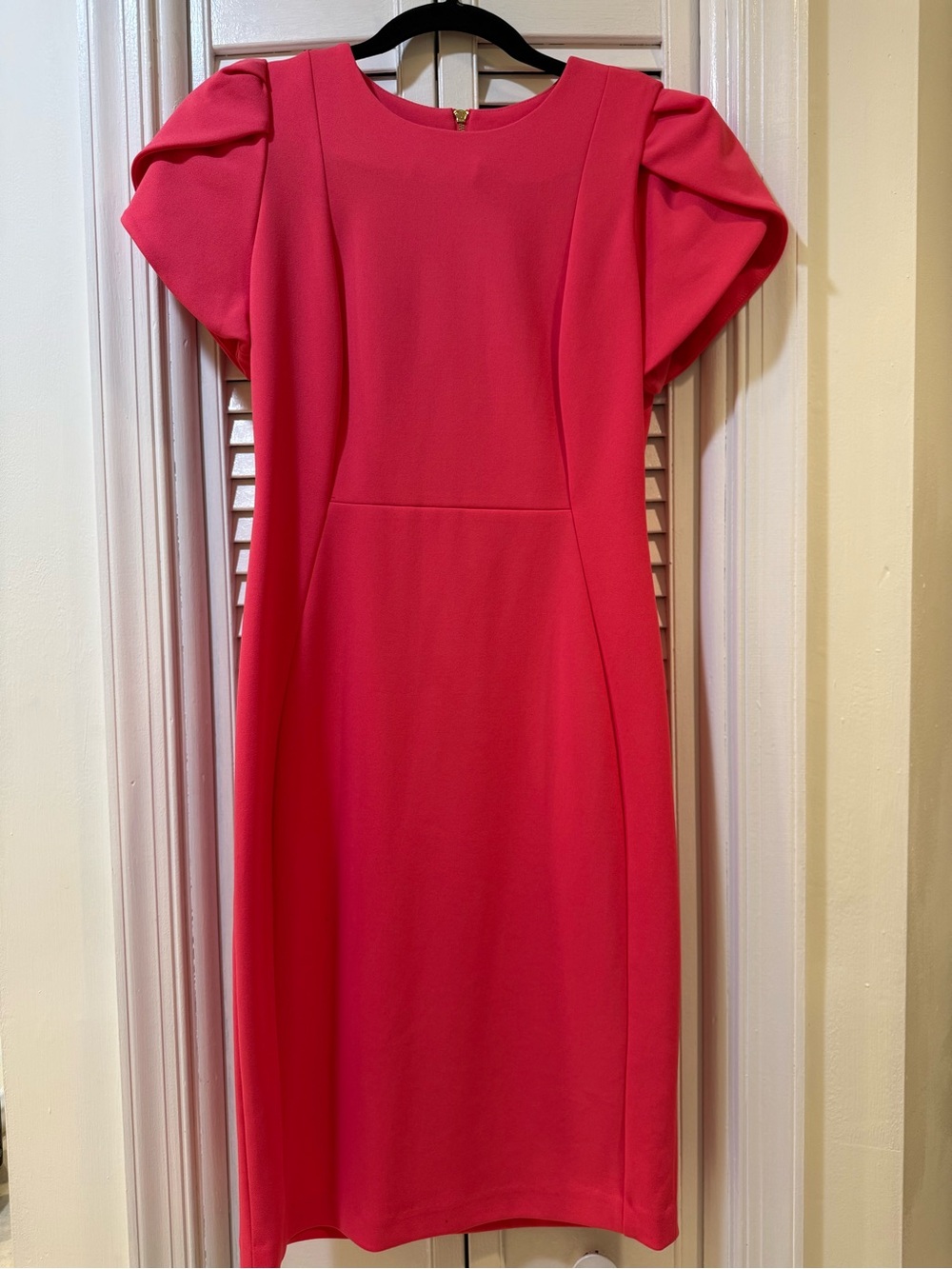 Calvin Klein Hot Coral Pink Midi Dress with Tulip Sleeves